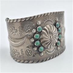 Vintage Fred Harvey Era 925 Sterling Silver Green Turquoise Cuff Bracelet *READ*